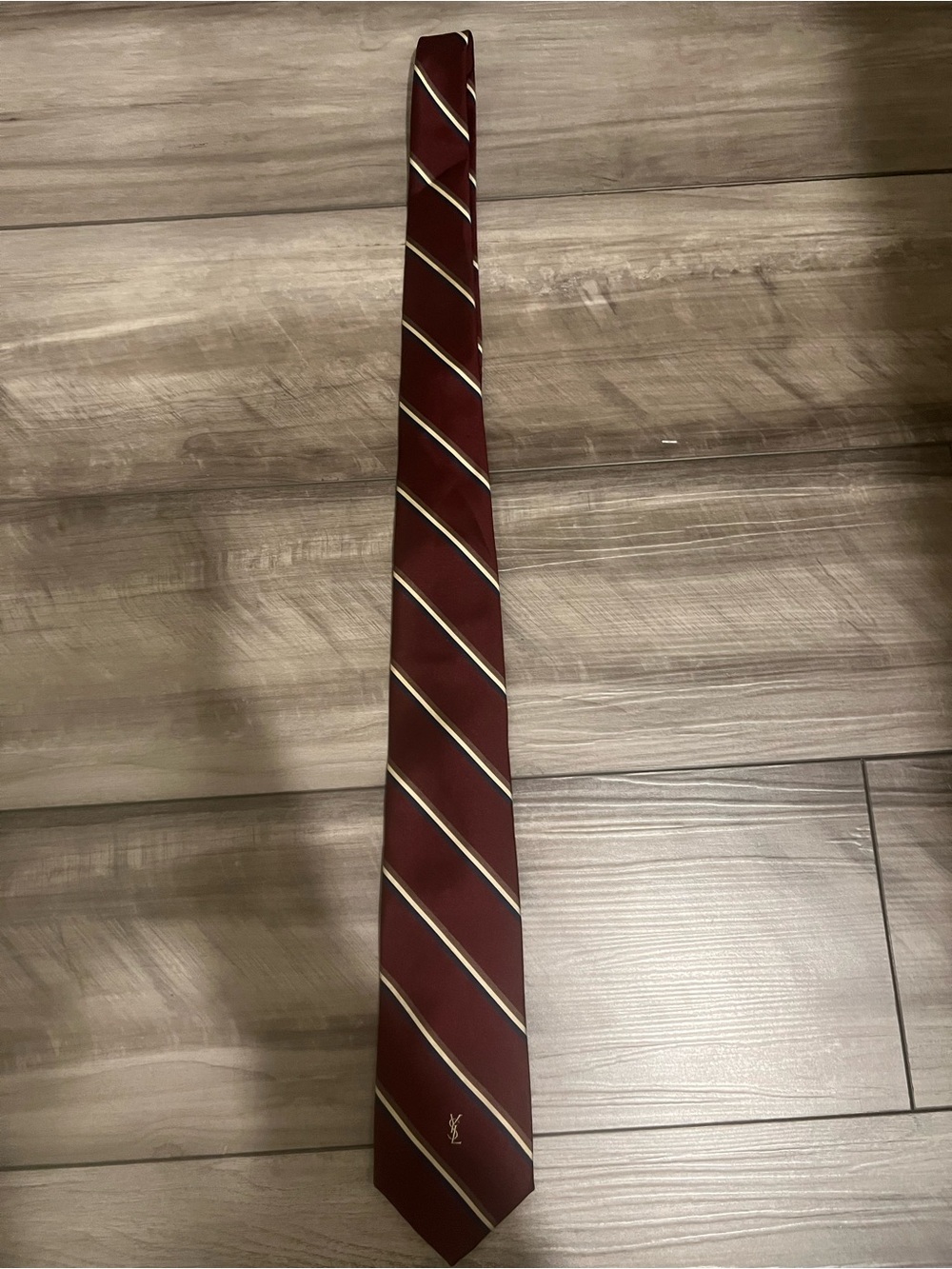 Yves Saint Laurent Men's Maroon and Cream Diagonal Stripe Silk Tie
